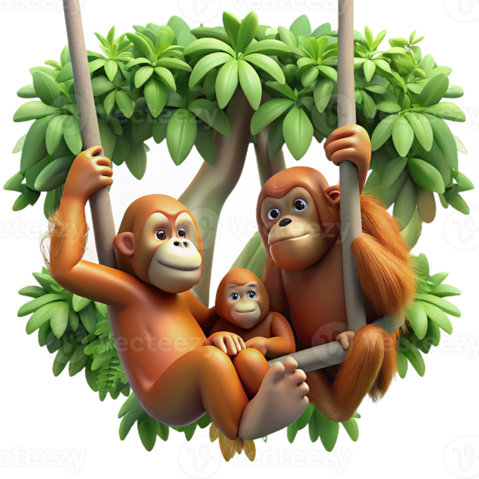 magnificent rustic A family of orangutans swinging through the rainforest canopy, dappled sunlight, photorealistic style genuine png