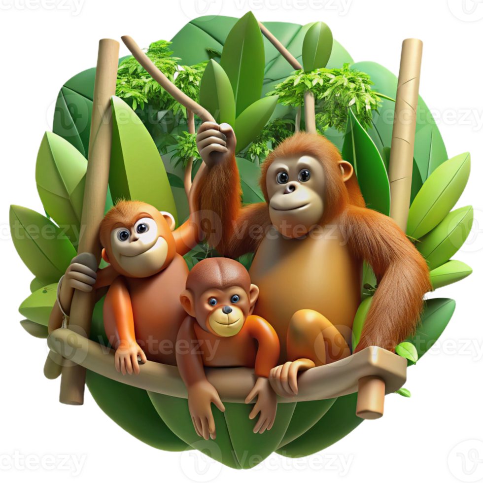 stunning creative A family of orangutans swinging through the rainforest canopy, dappled sunlight, photorealistic style professional png