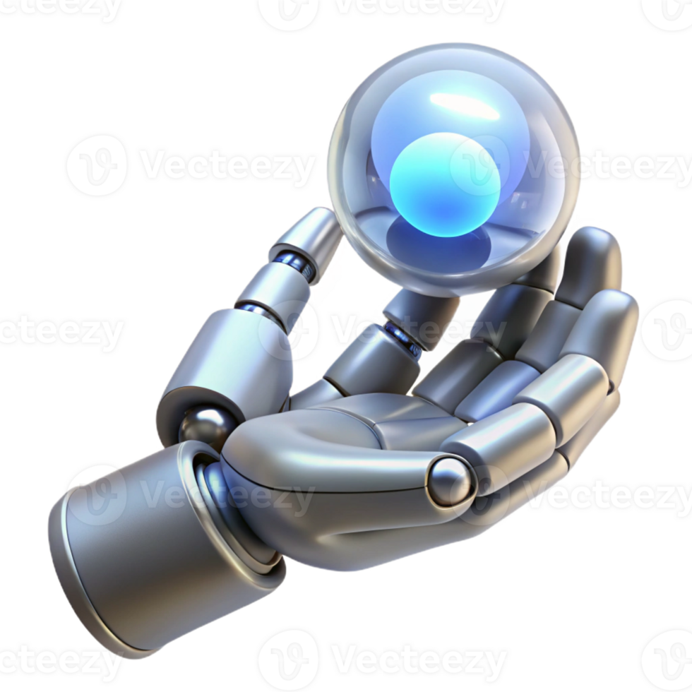 wonderful minimalist A futuristic, sleek, silver robotic hand gently holding a glowing orb of data, illuminated by soft, ethereal light. Art Deco style professional png