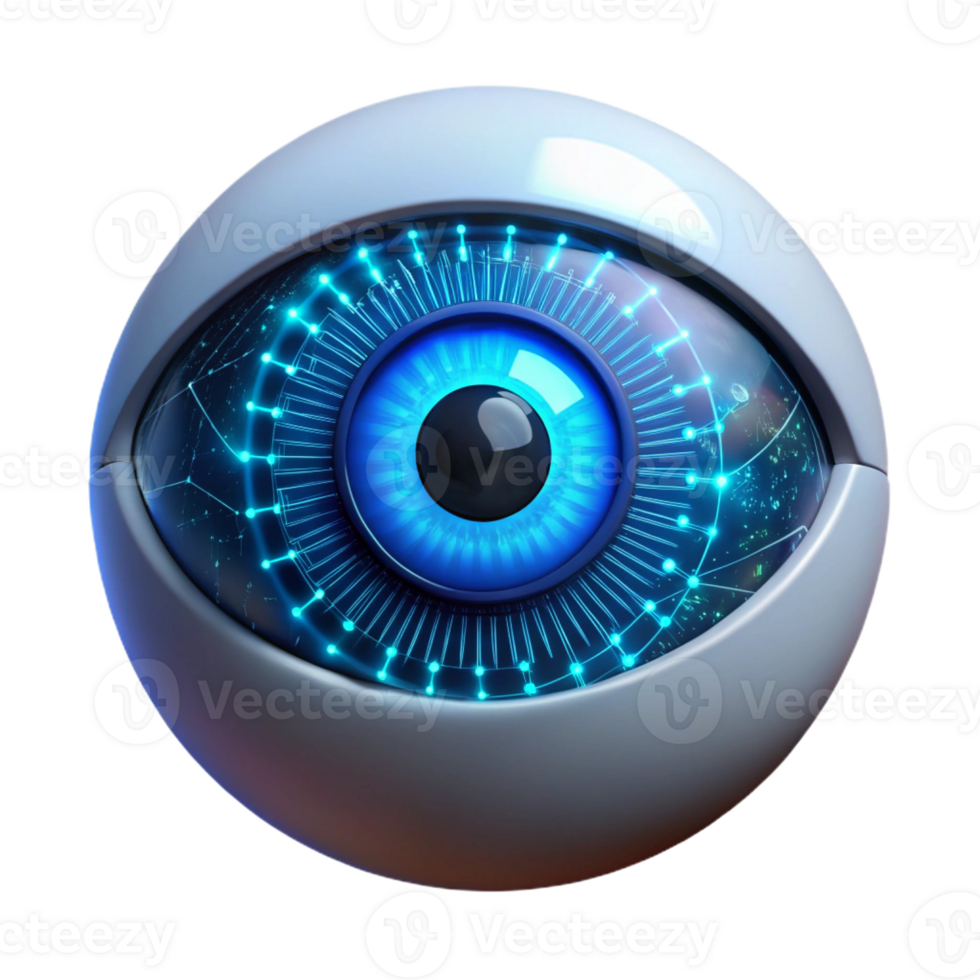 serene modern A hyperrealistic close-up of a human eye with integrated circuitry, reflecting binary code in the pupil, lit by a cool blue light. Cyberpunk style professional png