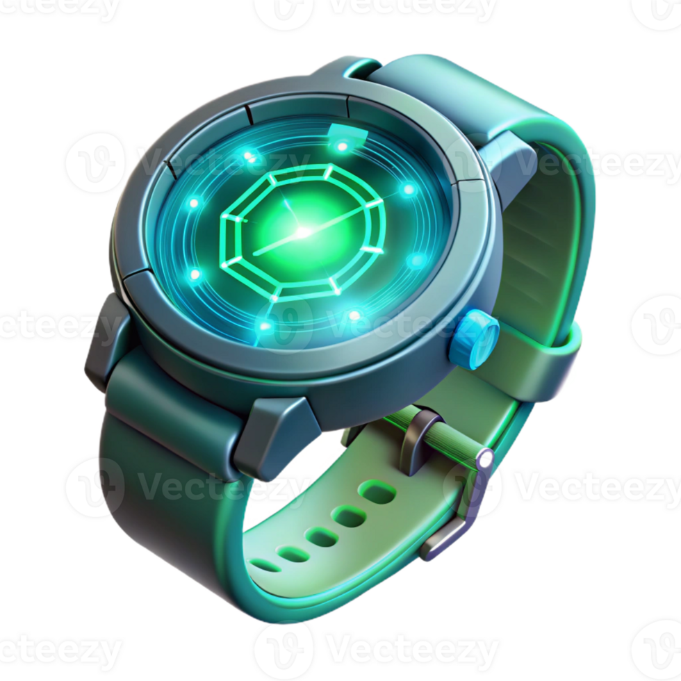 extraordinary minimalist A futuristic wristwatch projecting a holographic interface, displaying intricate data visualizations, lit by a cool green light. Product design style exclusive png
