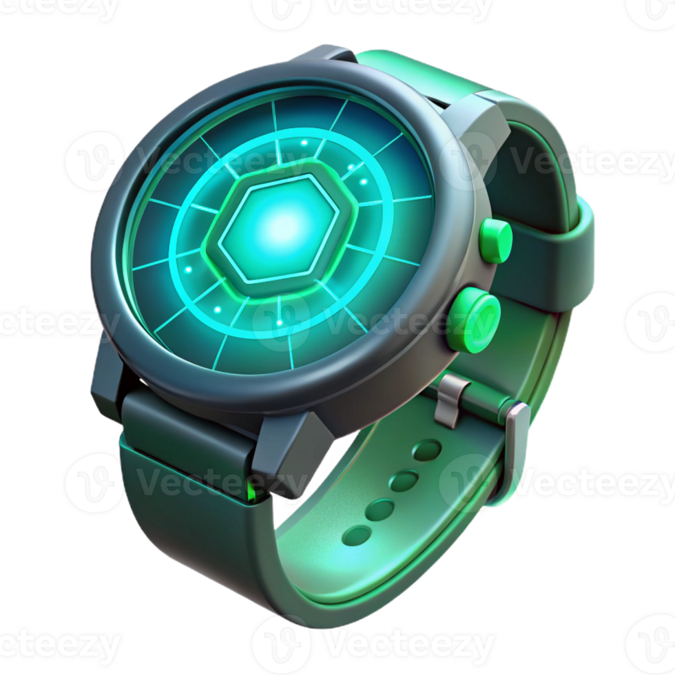 dramatic traditional A futuristic wristwatch projecting a holographic interface, displaying intricate data visualizations, lit by a cool green light. Product design style exclusive png