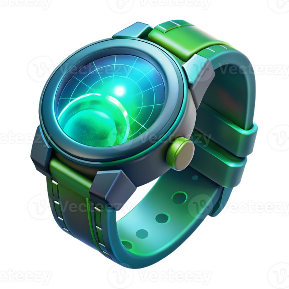 beautiful artistic A futuristic wristwatch projecting a holographic interface, displaying intricate data visualizations, lit by a cool green light. Product design style detailed png