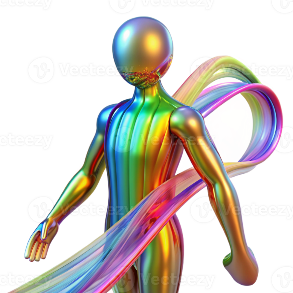 wonderful abstract A transparent human figure composed of flowing data streams, lit by a spectrum of vibrant colors. Abstract style high quality png