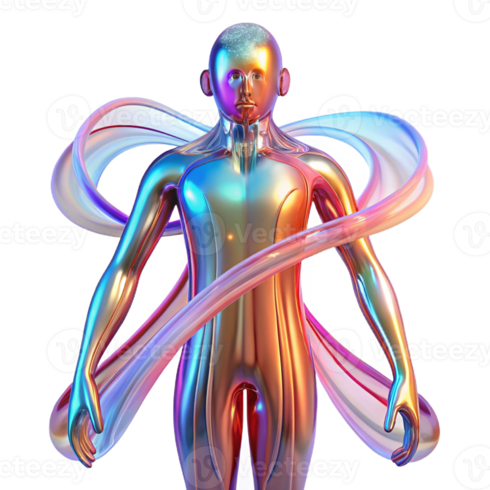 elegant artistic A transparent human figure composed of flowing data streams, lit by a spectrum of vibrant colors. Abstract style professional png