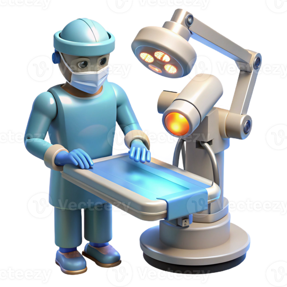 vibrant traditional A robotic surgeon performing a delicate operation, illuminated by bright, surgical lighting. Photorealistic style premium png