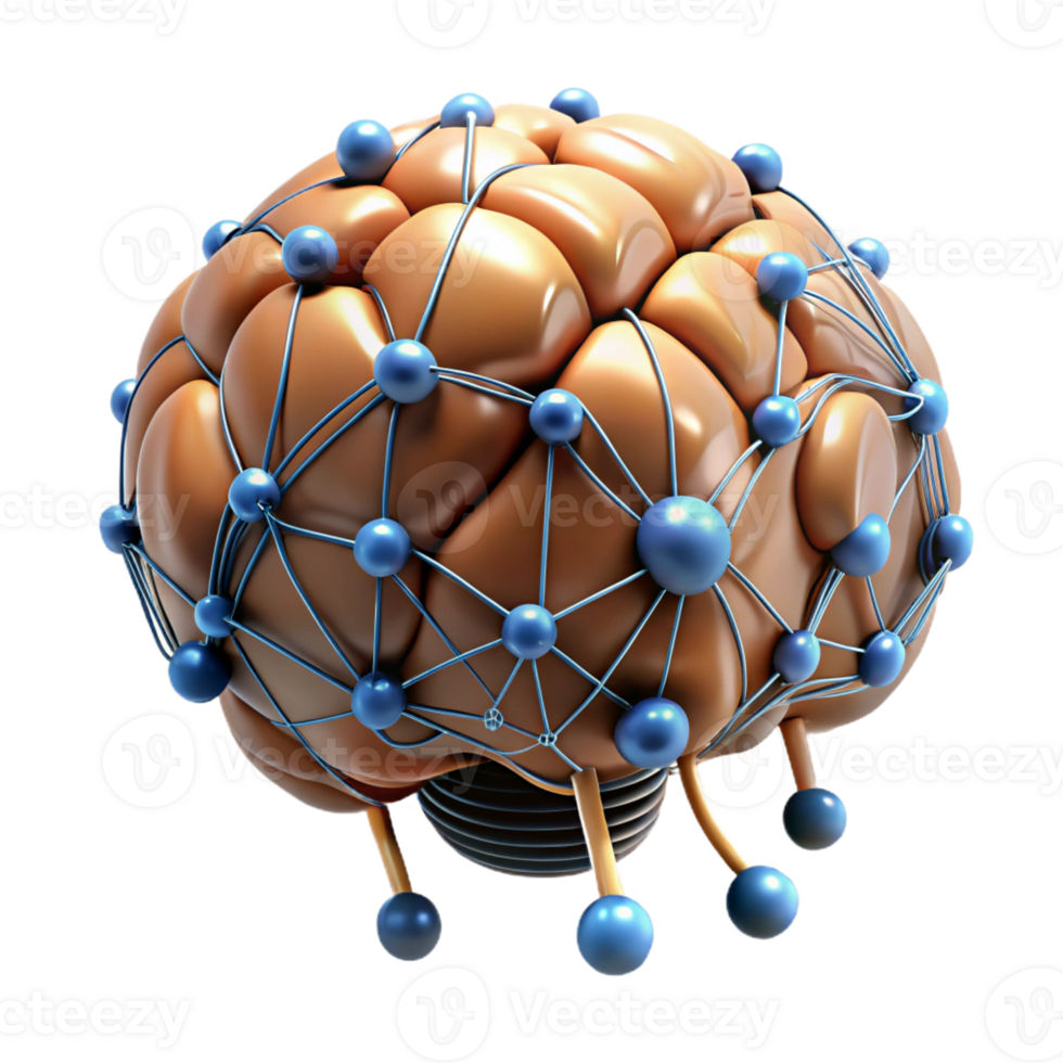 vibrant abstract A human brain connected to a network of glowing wires, representing neural interfaces. Biopunk style detailed png