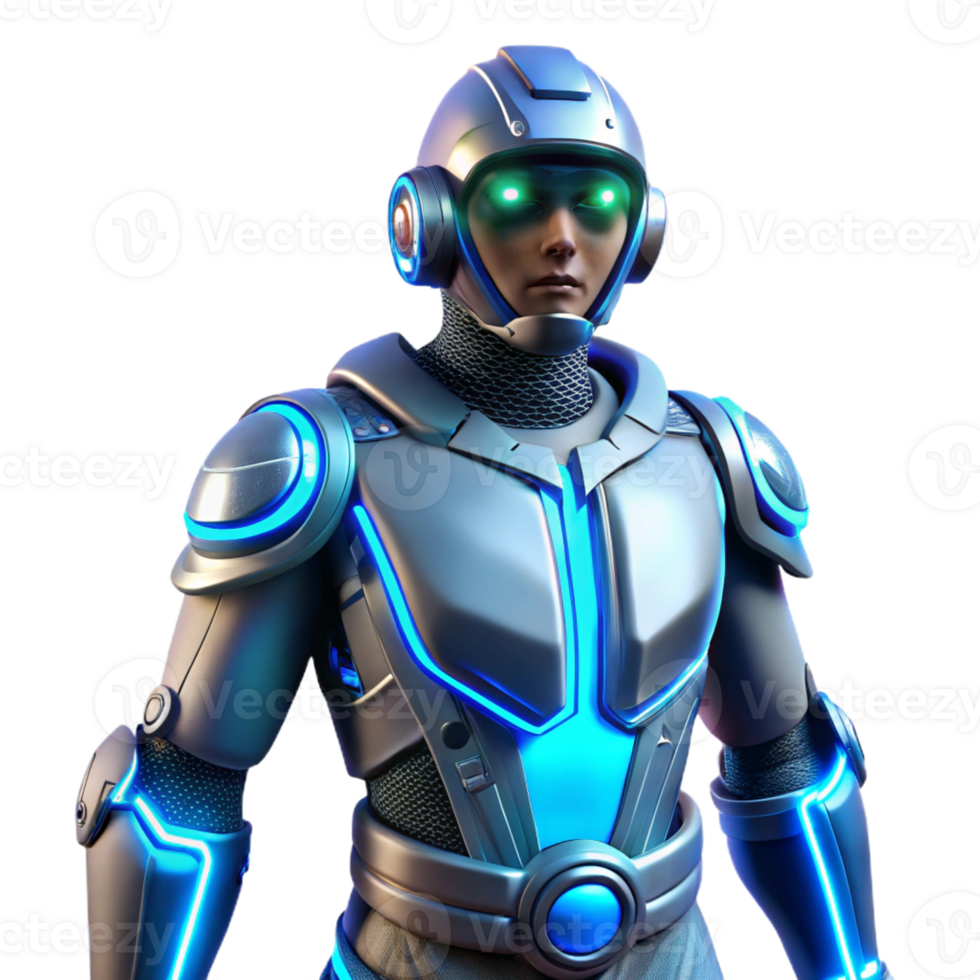 stunning modern A futuristic exoskeleton suit with glowing blue accents, worn by a human figure. Cyberpunk style genuine png