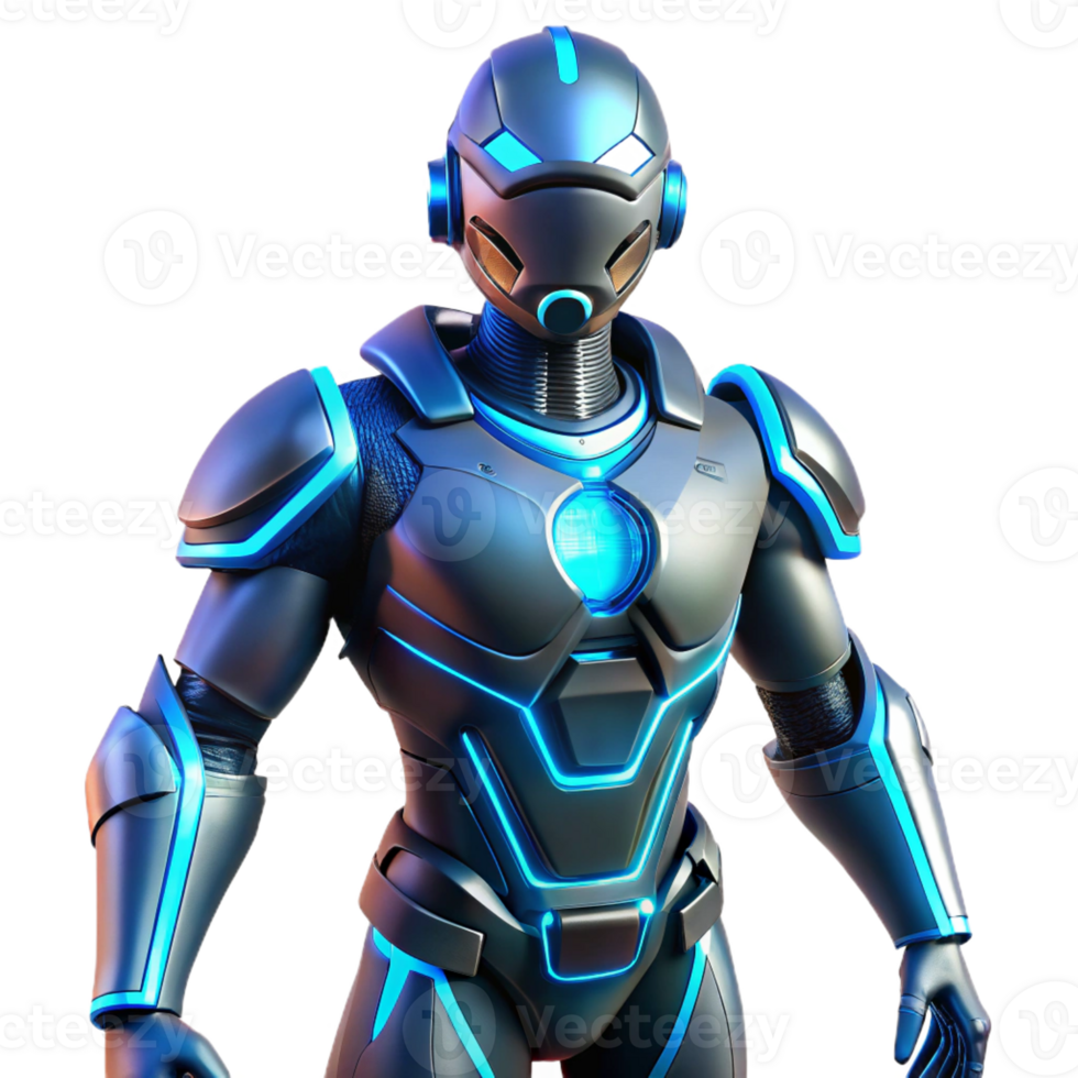 extraordinary vintage A futuristic exoskeleton suit with glowing blue accents, worn by a human figure. Cyberpunk style high resolution png