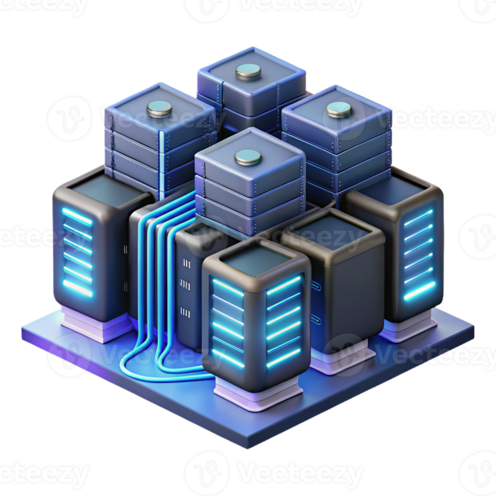 beautiful modern A futuristic server room with rows of glowing servers and complex cabling. Technical illustration style high quality png