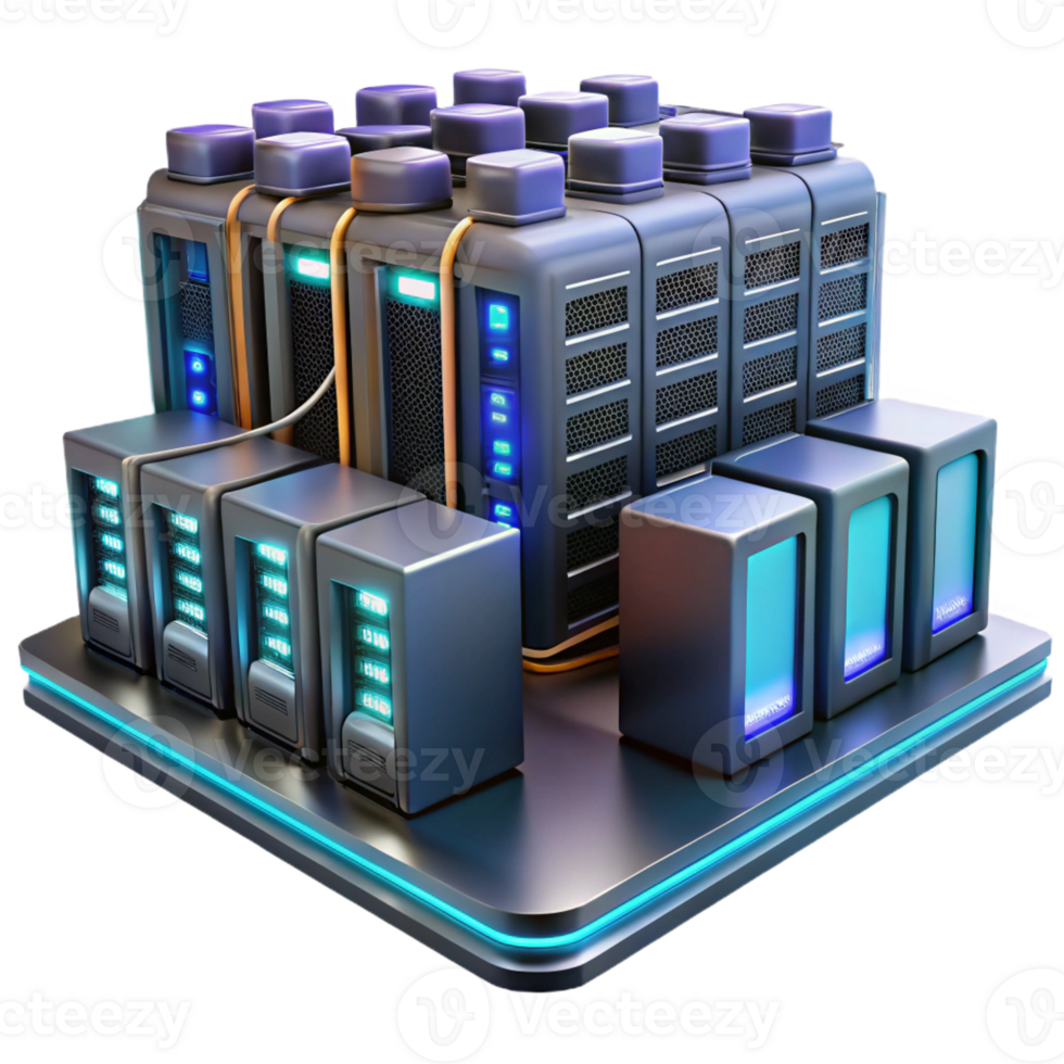 beautiful artistic A futuristic server room with rows of glowing servers and complex cabling. Technical illustration style exclusive png