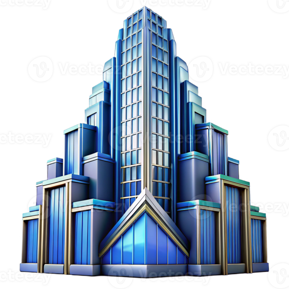 dramatic creative Art Deco skyscraper, intricate geometric facade, chrome accents, volumetric lighting, cool blue hues, highly detailed, Art Deco style high resolution png