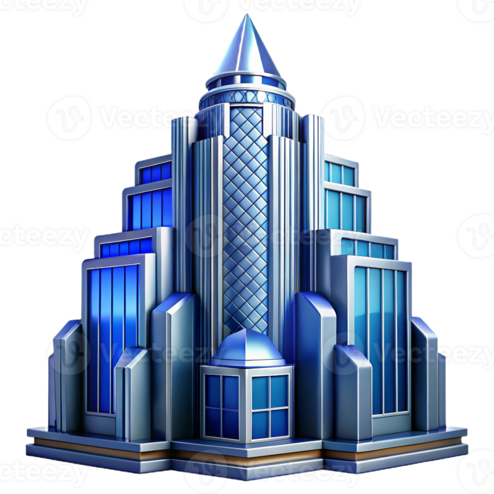 stunning modern Art Deco skyscraper, intricate geometric facade, chrome accents, volumetric lighting, cool blue hues, highly detailed, Art Deco style premium png
