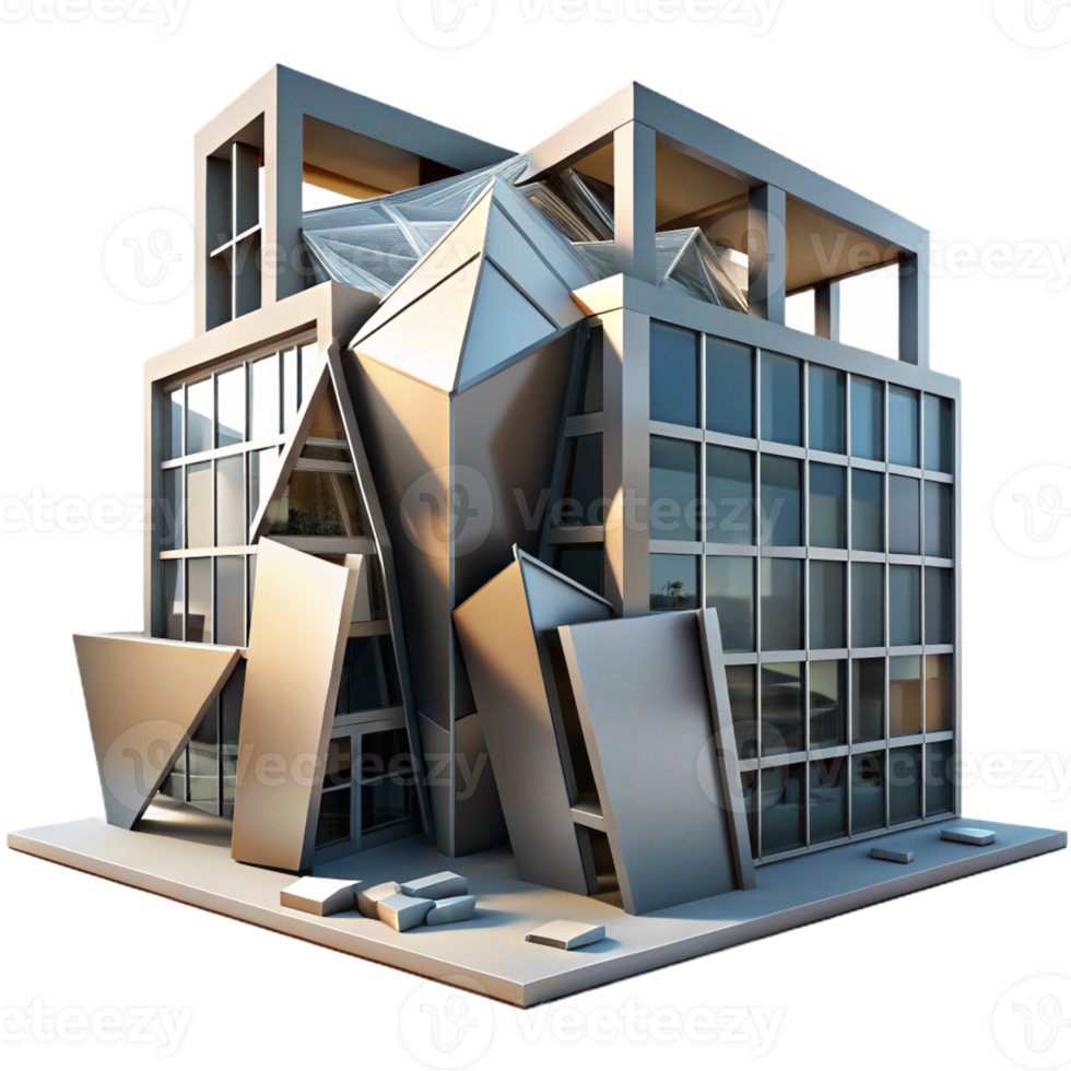 impressive classic Deconstructivist office building, fragmented forms, sharp angles, dramatic shadows, metallic textures, photorealistic, Deconstructivist style premium png