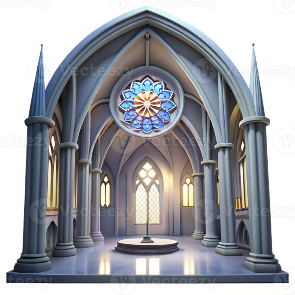 magnificent vintage Gothic cathedral interior, stained glass rose window, shafts of light, ethereal atmosphere, hyperrealistic, Gothic Revival style premium png