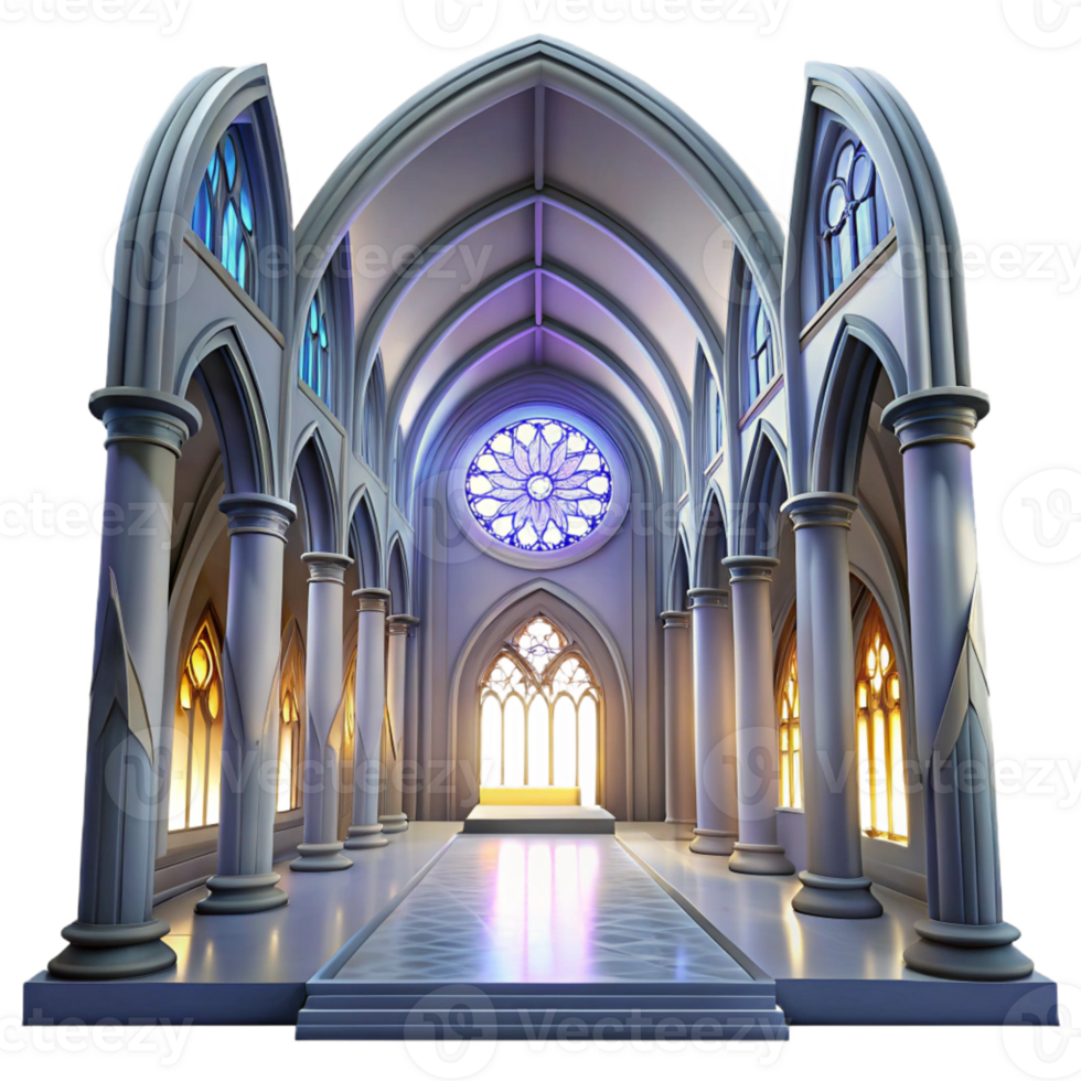 wonderful minimalist Gothic cathedral interior, stained glass rose window, shafts of light, ethereal atmosphere, hyperrealistic, Gothic Revival style detailed png