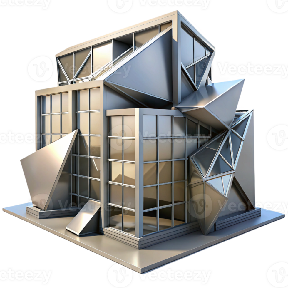 impressive abstract Deconstructivist office building, fragmented forms, sharp angles, dramatic shadows, metallic textures, photorealistic, Deconstructivist style 4K png