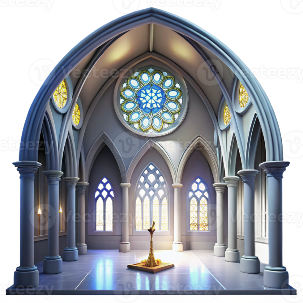 vibrant modern Gothic cathedral interior, stained glass rose window, shafts of light, ethereal atmosphere, hyperrealistic, Gothic Revival style original png