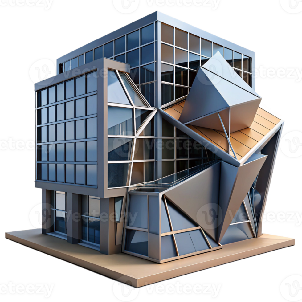 extraordinary minimalist Deconstructivist office building, fragmented forms, sharp angles, dramatic shadows, metallic textures, photorealistic, Deconstructivist style detailed png