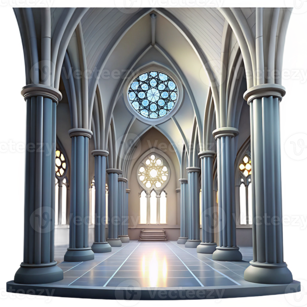 extraordinary contemporary Gothic cathedral interior, stained glass rose window, shafts of light, ethereal atmosphere, hyperrealistic, Gothic Revival style high resolution png