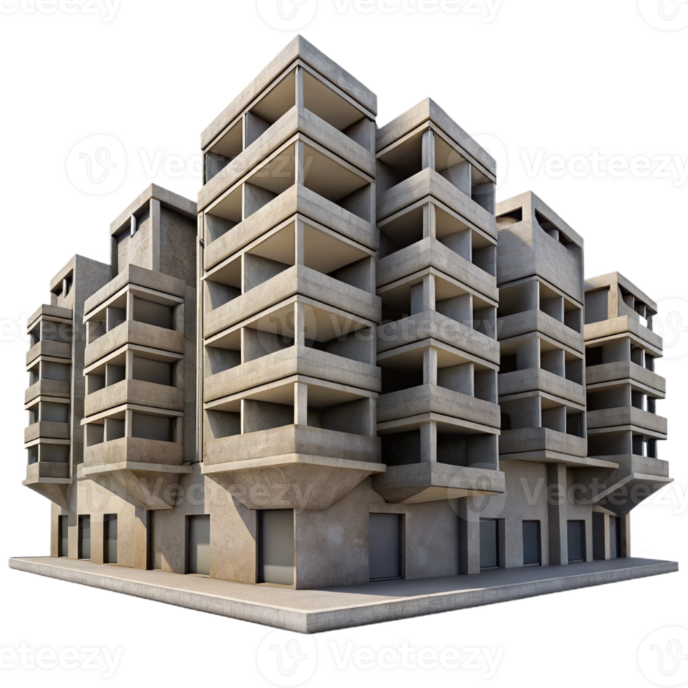 elegant abstract Brutalist apartment complex, exposed concrete, repetitive geometric patterns, overcast sky, gritty, Brutalist style authentic png