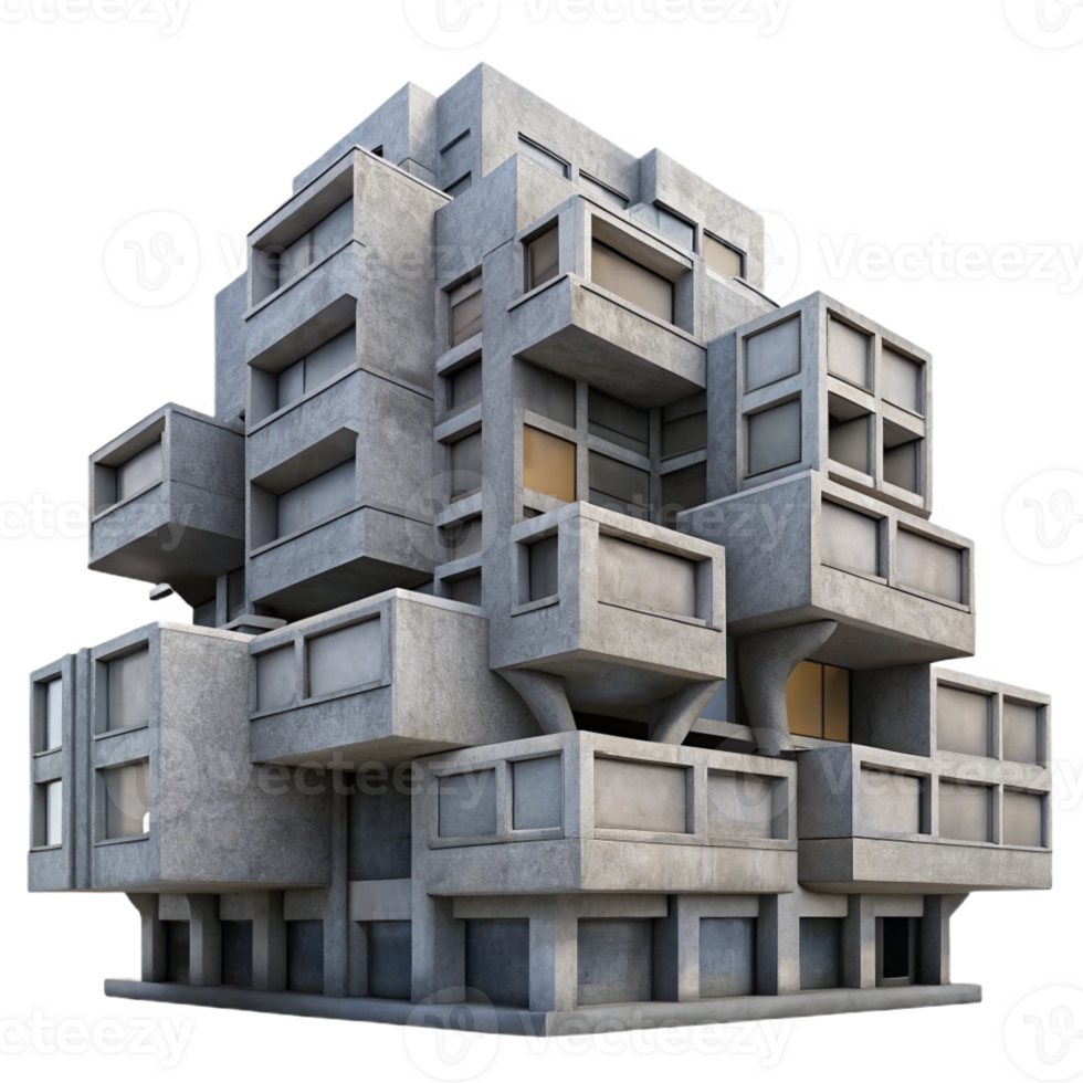 serene rustic Brutalist apartment complex, exposed concrete, repetitive geometric patterns, overcast sky, gritty, Brutalist style authentic png