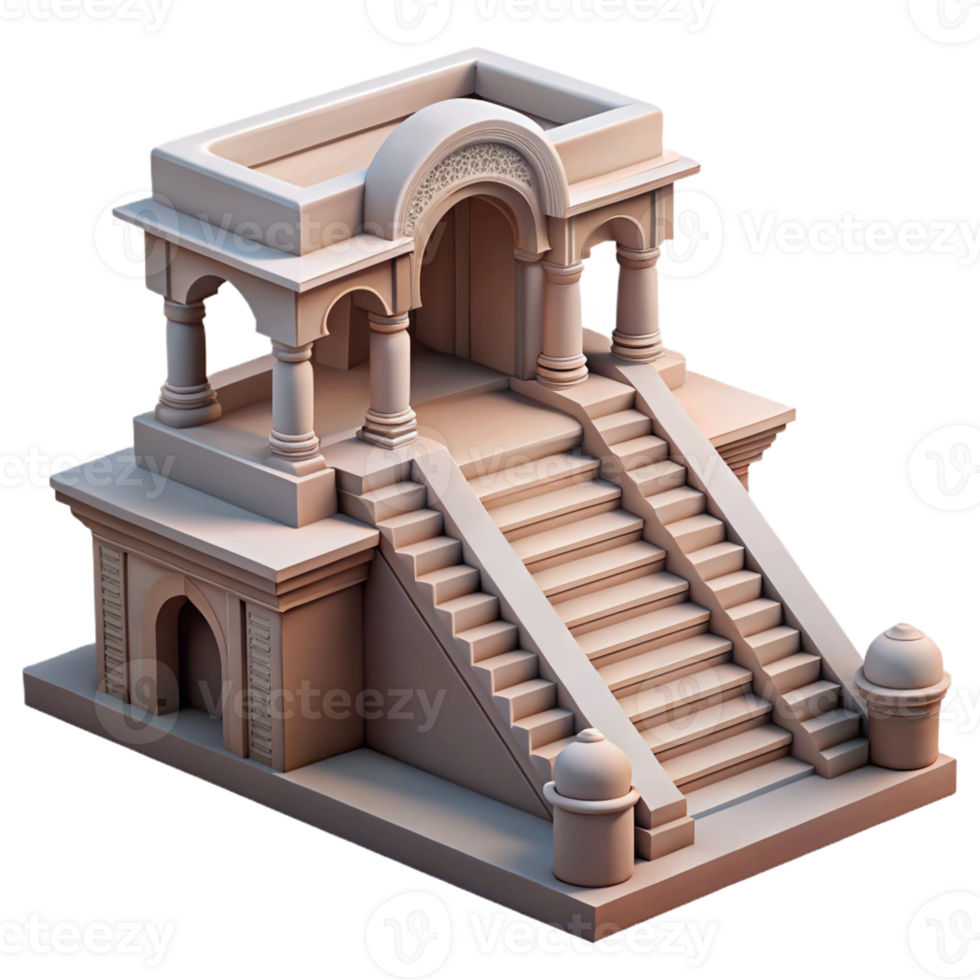 serene creative Indian stepwell, intricate carvings, descending stairs, cool shadows, detailed, Indian architecture style high quality png