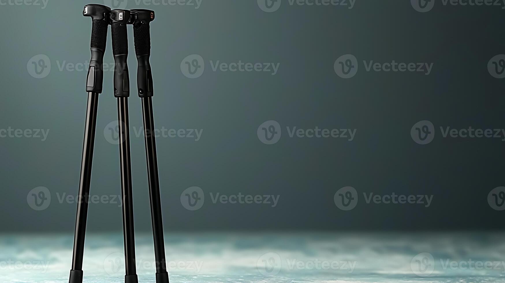 Three black trekking poles stand on a textured surface against a blurred, dark background photo