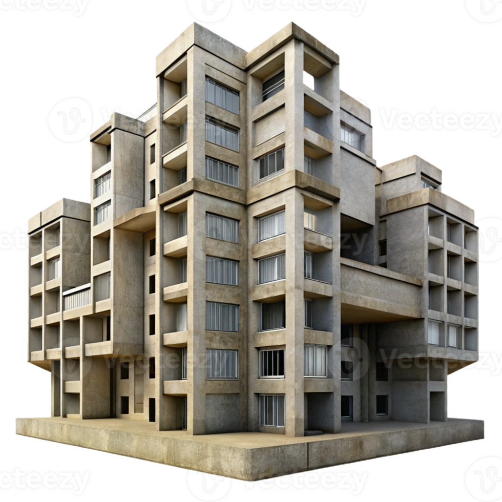 elegant creative Brutalist apartment complex, exposed concrete, repetitive geometric patterns, overcast sky, gritty, Brutalist style exclusive png