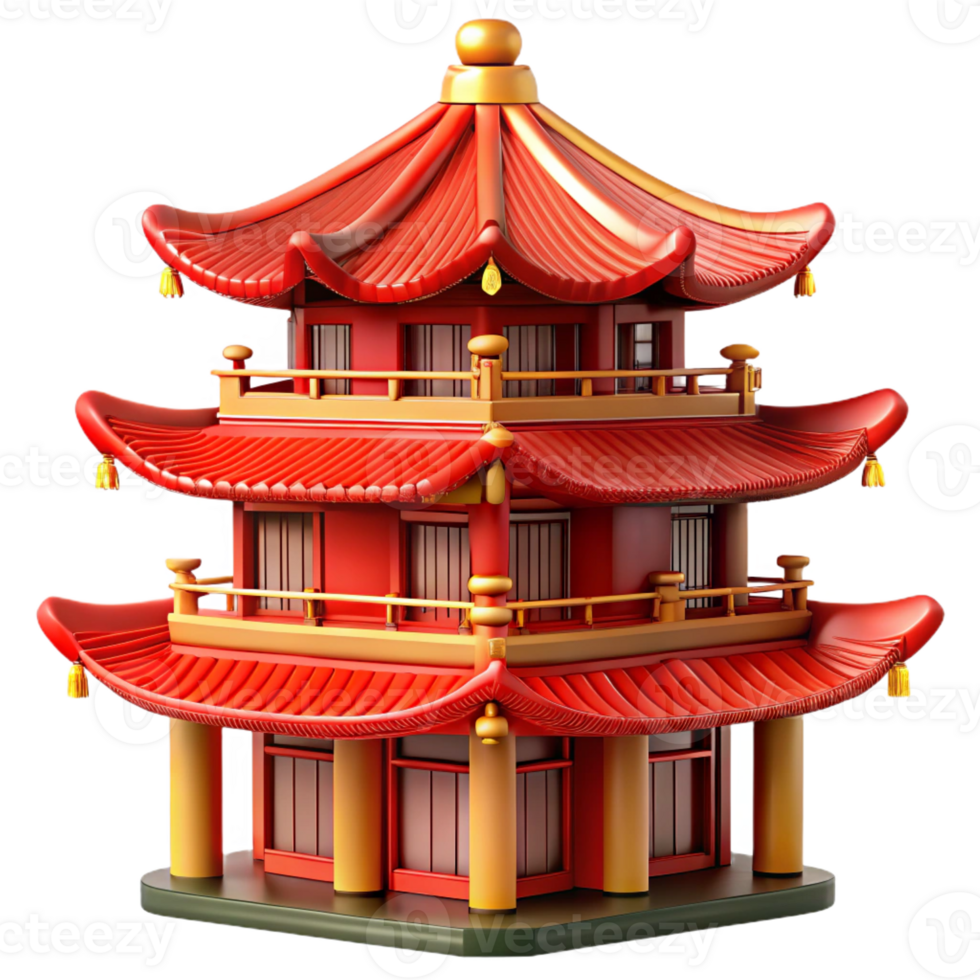 extraordinary artistic Chinese pagoda, multi-tiered structure, red and gold details, ornate roofline, vibrant, Chinese architecture style genuine png