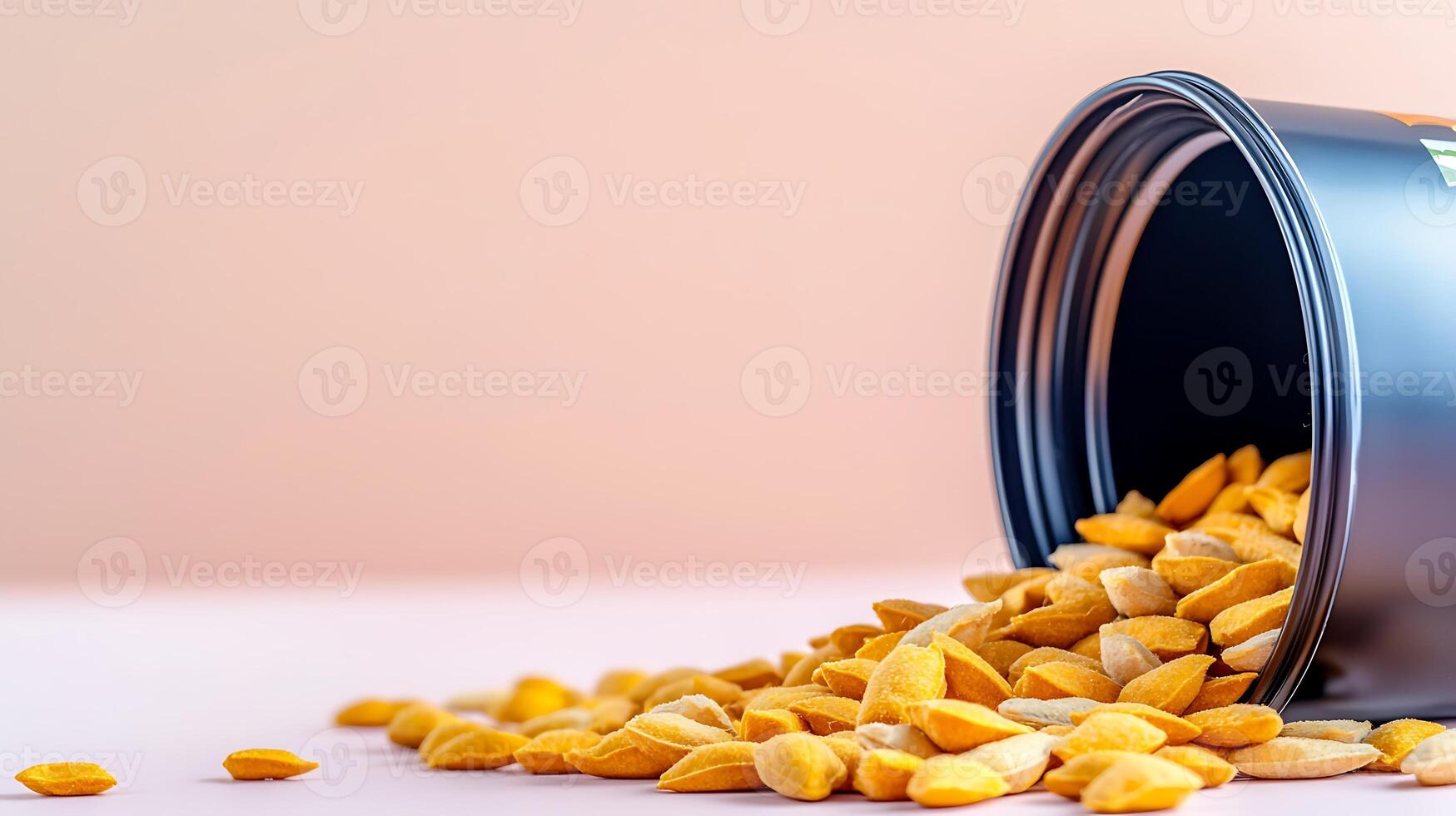 A black container spills bright yellow seeds onto a pastel pink surface, creating a vibrant scene photo