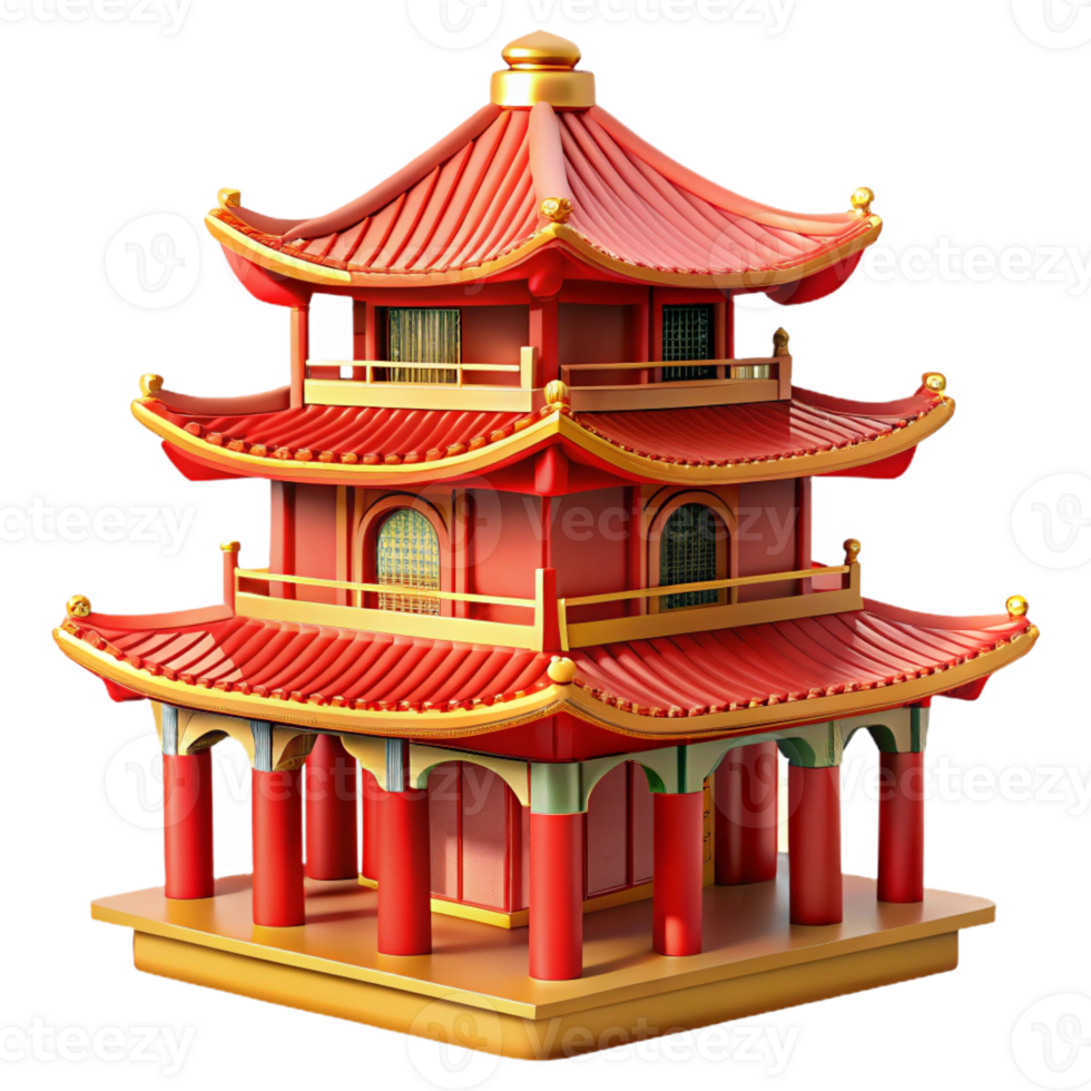 serene rustic Chinese pagoda, multi-tiered structure, red and gold details, ornate roofline, vibrant, Chinese architecture style original png