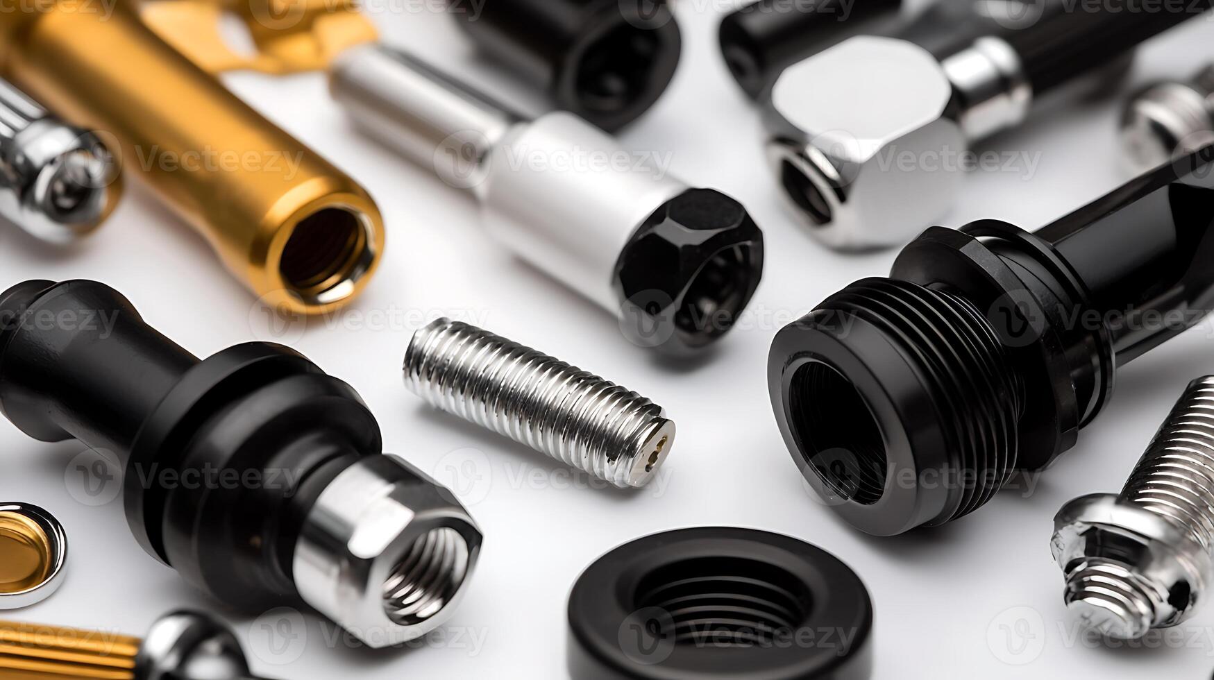 Close-up of assorted metal mechanical parts and fittings arranged on a white background photo