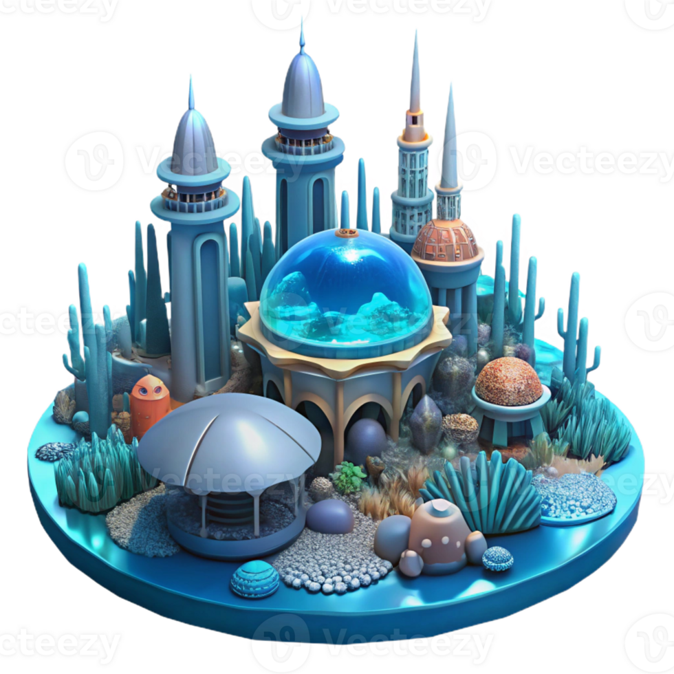 elegant modern Underwater city, bioluminescent coral structures, futuristic architecture, deep ocean setting, dreamlike, science fiction style authentic png