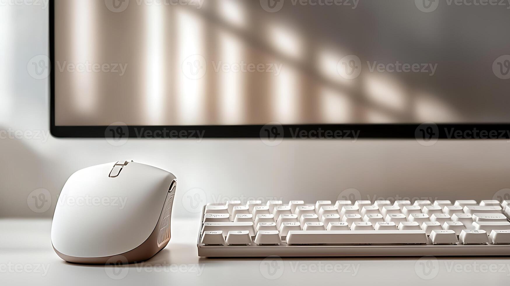 Modern workspace featuring a sleek white mouse and keyboard beside a monitor with soft shadows photo