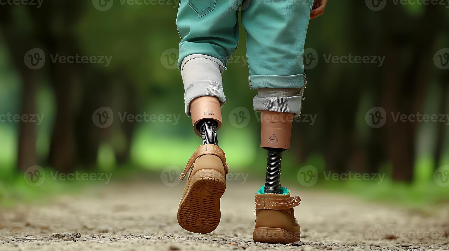 Person with prosthetic legs walking on a gravel path through a green tree-lined area photo