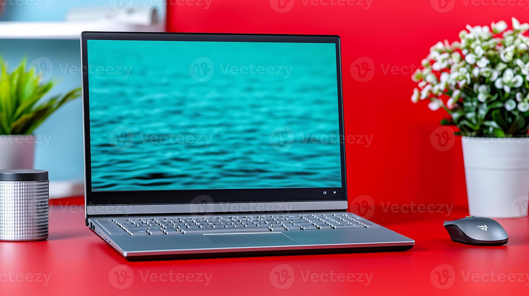 Sleek laptop on a vibrant red desk with a serene water background and decorative plants photo