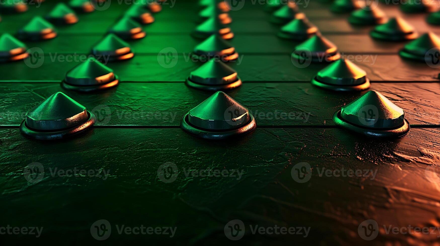 Close-up view of textured surface with cone-shaped elements illuminated in green light photo