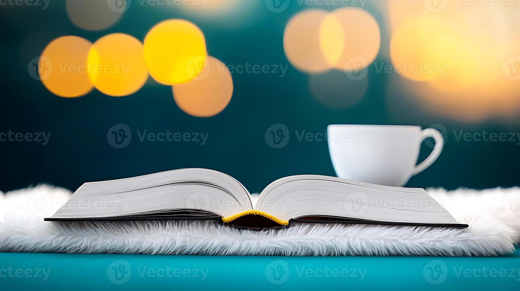 Open book on a soft surface with a cup nearby, blurred lights in the background create a cozy atmosphere photo