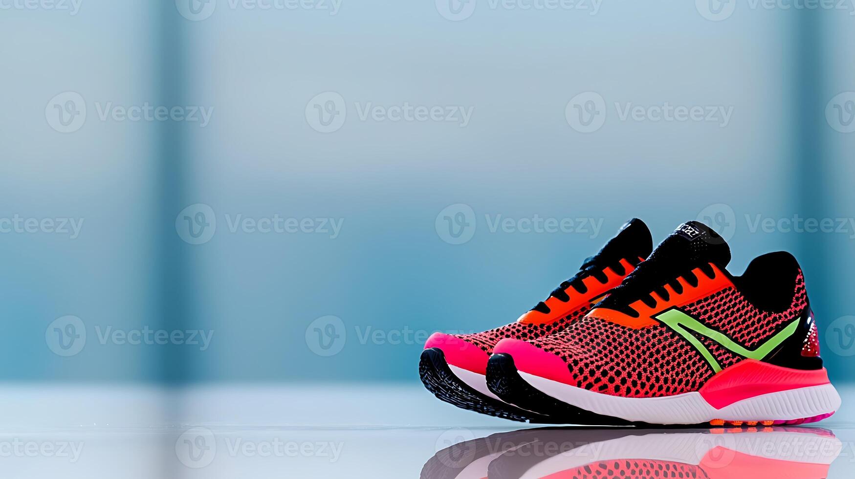 Vibrant running shoes displayed on a reflective surface with a blurred background suggesting motion photo