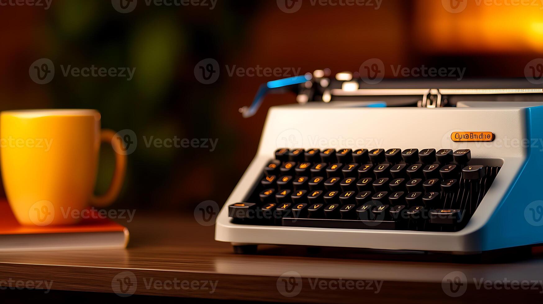 Vintage typewriter on a wooden table with a yellow mug and a book, warm ambiance in the background photo