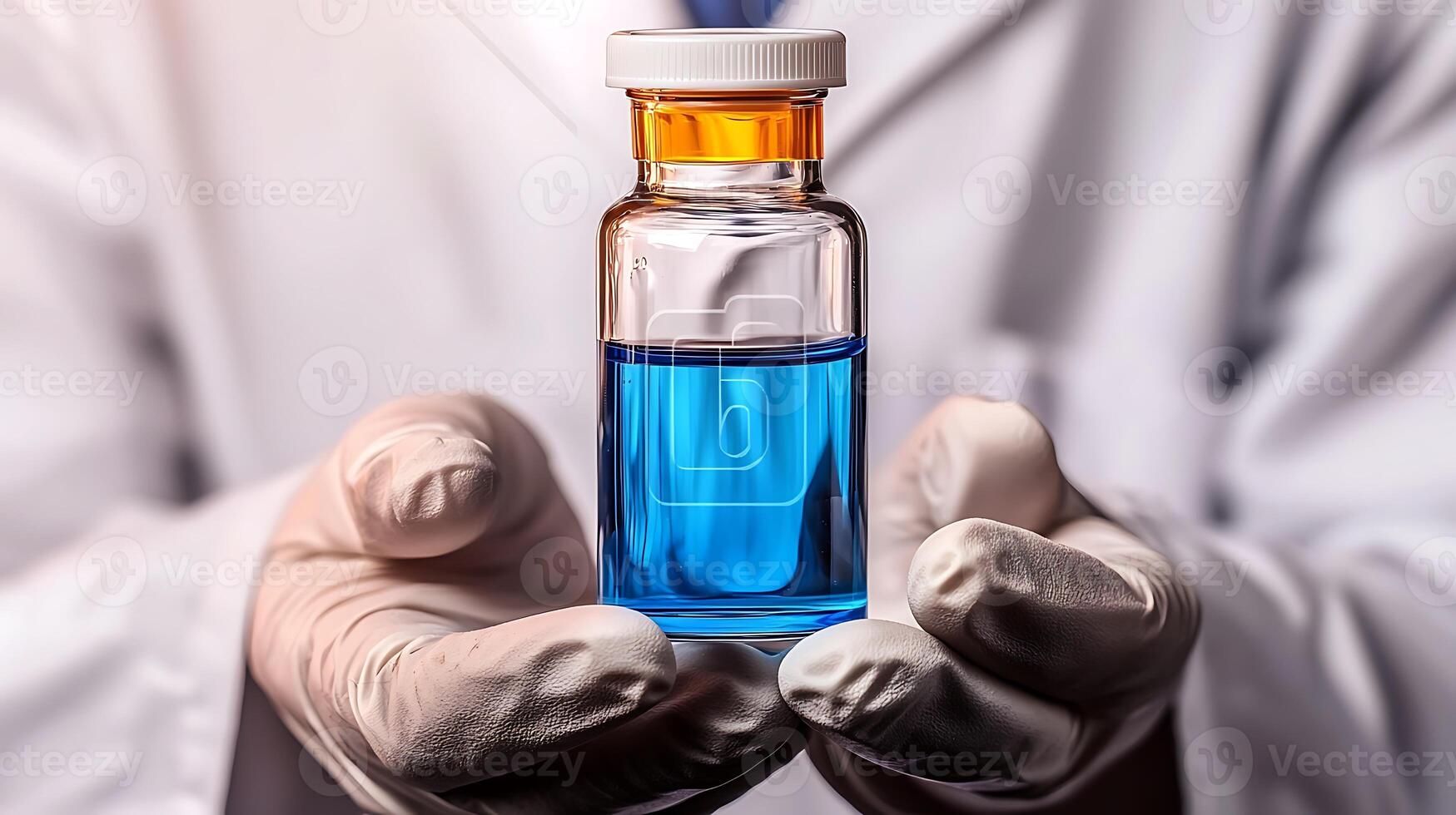 Scientist in a lab holding a blue liquid-filled vial, showcasing research and innovation photo