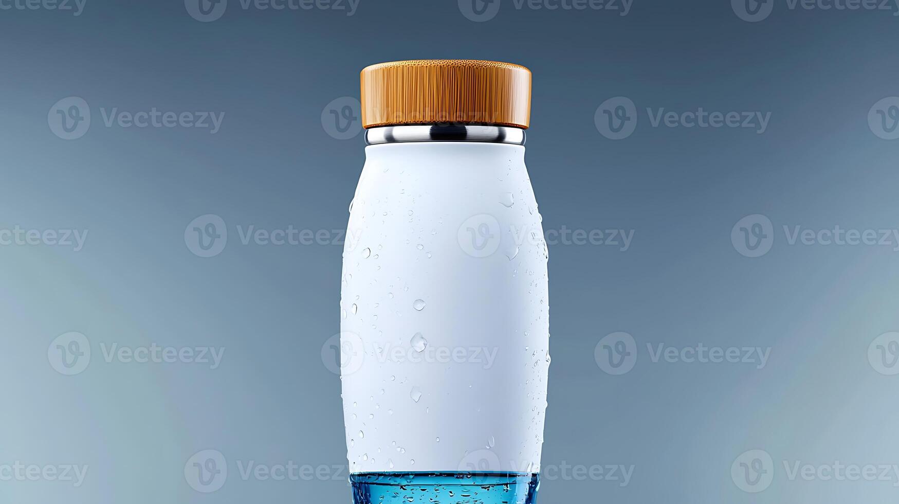 Stylish water bottle with wooden cap on a gradient background, showcasing condensation and freshness photo
