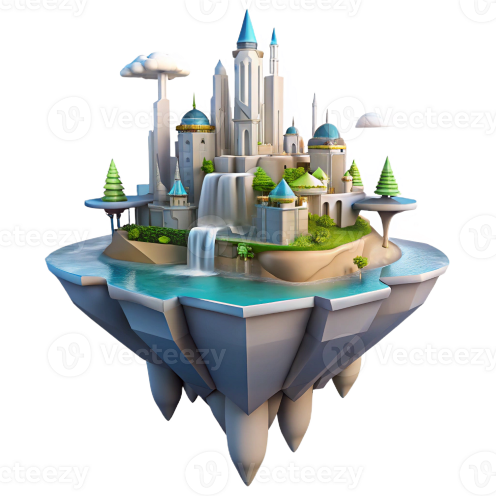 serene rustic Floating island city, futuristic architecture, waterfalls cascading down, clouds below, utopian, fantasy style detailed png