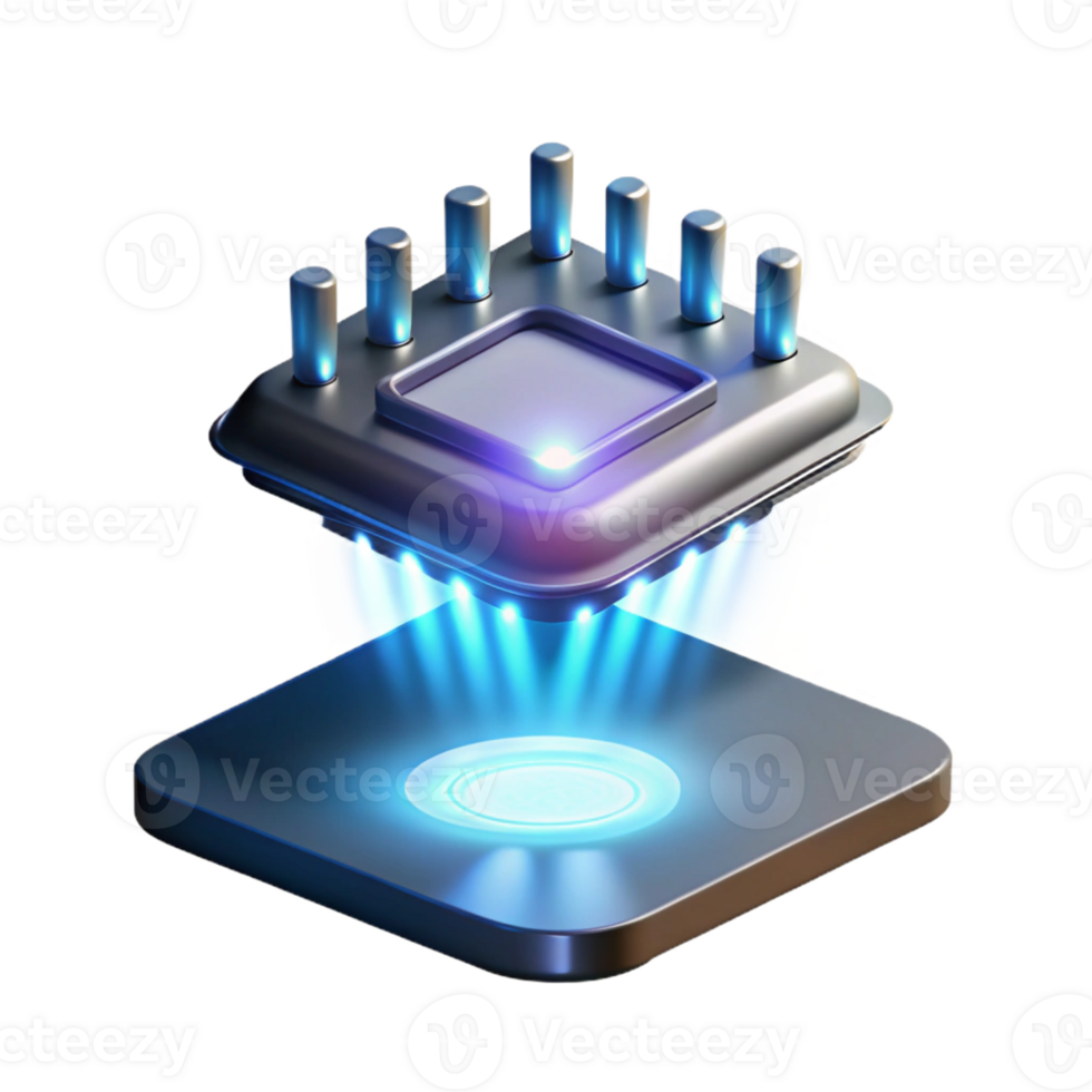 stunning vintage A single, glowing microchip, intricate circuitry visible, levitating in the air, illuminated by a dramatic, spotlight effect. Technology concept art, photorealistic render genuine png