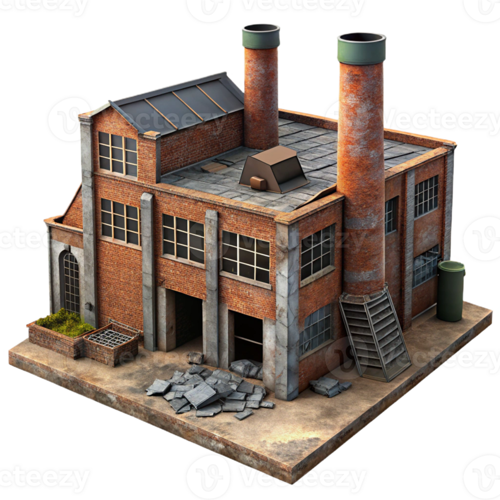 extraordinary abstract Abandoned industrial factory, decaying brick walls, broken windows, rusty metal, eerie atmosphere, urban decay style high resolution png
