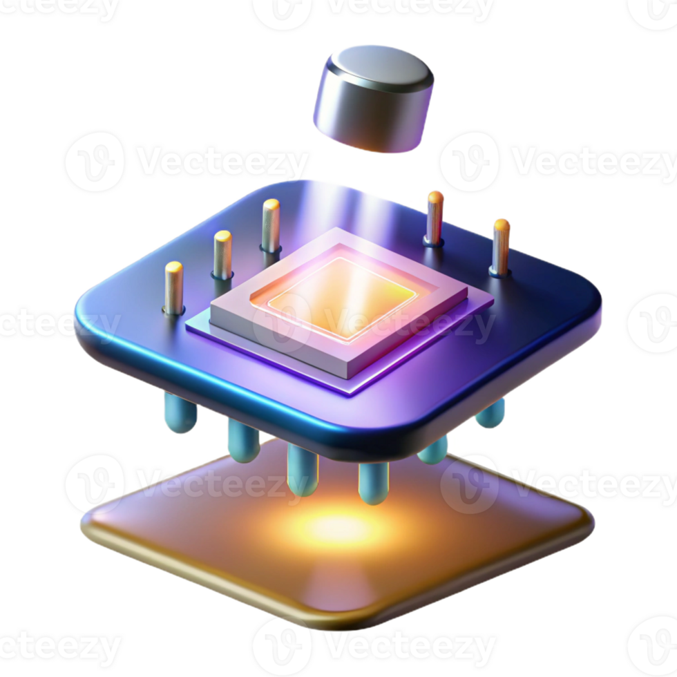 elegant contemporary A single, glowing microchip, intricate circuitry visible, levitating in the air, illuminated by a dramatic, spotlight effect. Technology concept art, photorealistic render genuine png