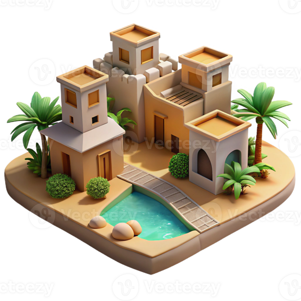 impressive modern Desert oasis village, adobe buildings, palm trees, shimmering water, warm sunlight, desert architecture style original png