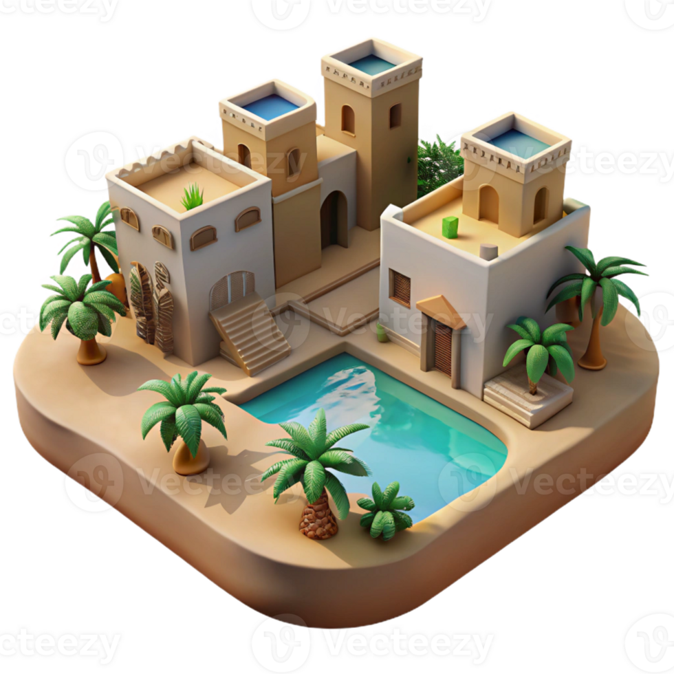 serene contemporary Desert oasis village, adobe buildings, palm trees, shimmering water, warm sunlight, desert architecture style high quality png