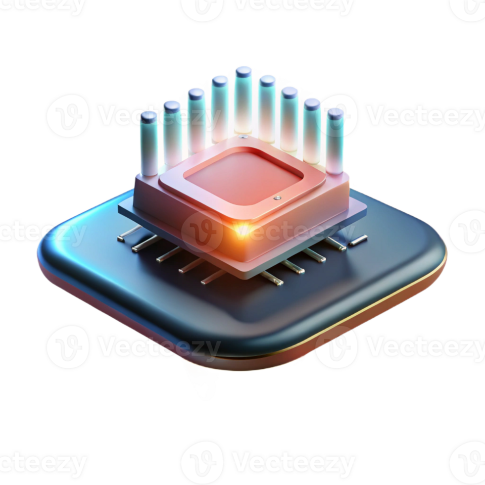 elegant abstract A single, glowing microchip, intricate circuitry visible, levitating in the air, illuminated by a dramatic, spotlight effect. Technology concept art, photorealistic render 4K png